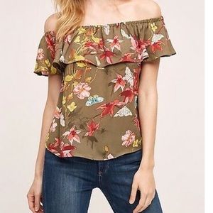Anthropologie Maeve Islander Off The Shoulder Blouse Olive Green Floral 💕